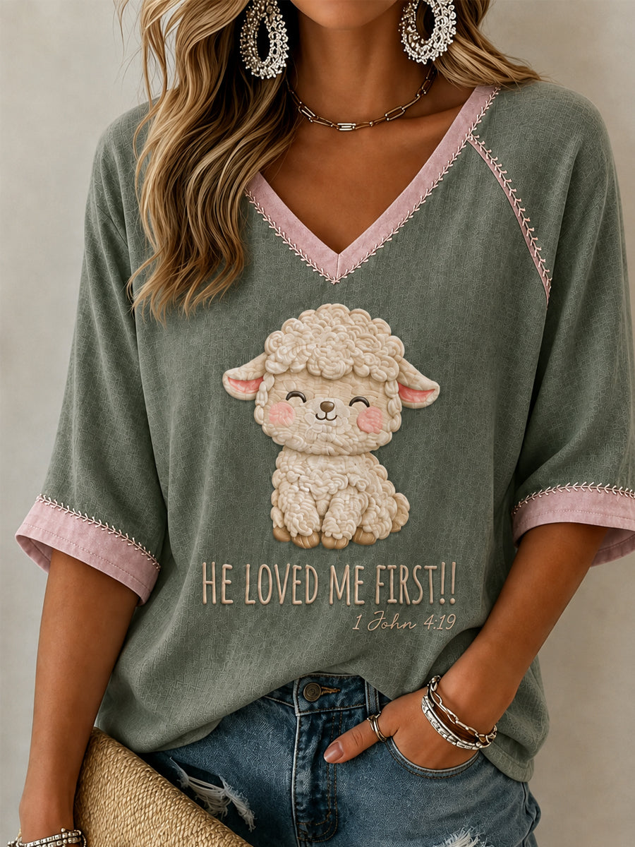 Women's Funny Christian He Loved Me First  Mid-length Sleeves V-Neck T-Shirt