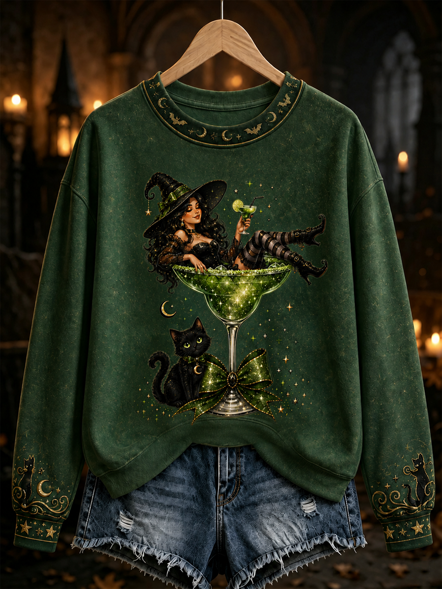 Women's Witch sitting on a wine glass print Regular Sweatshirt