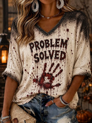 Women's Problem Solved Printed Mid-length Sleeves V-neck T-shirt