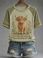 Women's Getting My Steps In Walking With The Lord Highland Cow Short Sleeve T-shirt