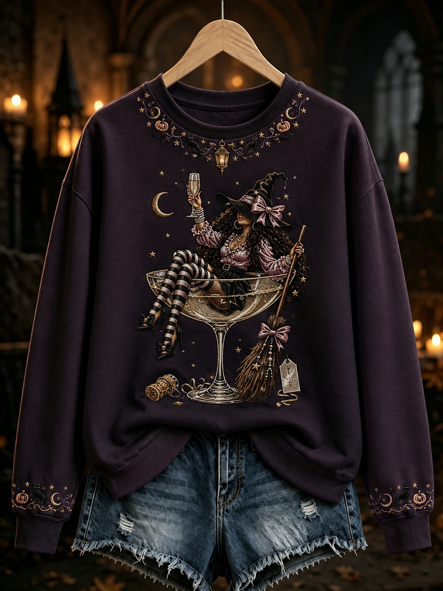 Women's Witch sitting on a wine glass print Regular Sweatshirt