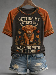 Women's Getting My Steps In Walking With The Lord Highland Cow Short Sleeve T-shirt