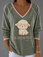 Women's Funny Christian He Loved Me First Casual Long Sleeve Shirt