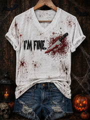 Women's Halloween “i’m fine” Printed V-neck T-shirt