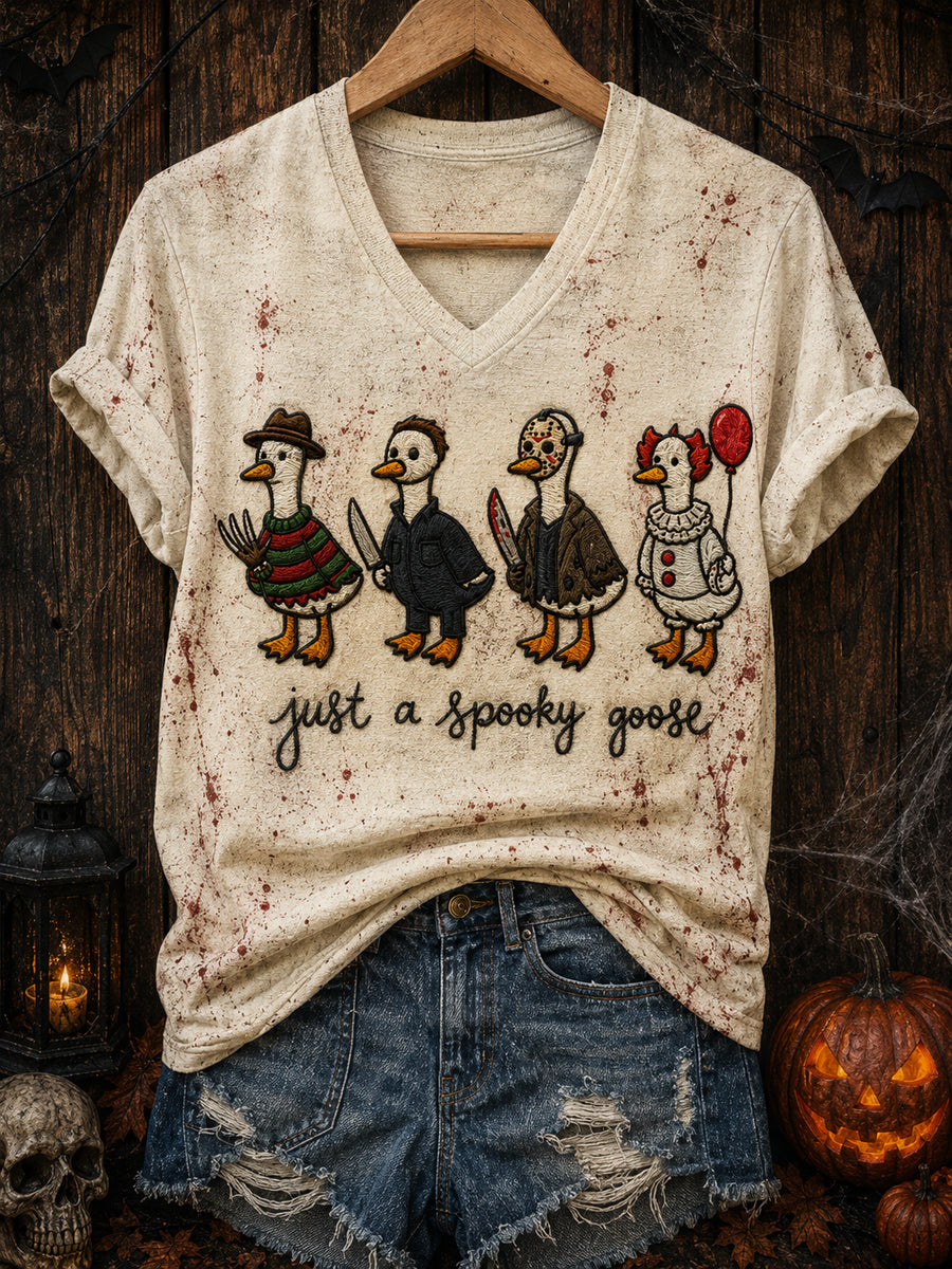 Women's Halloween “just a spooky goose” Printed V-neck T-shirt