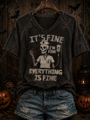 Women's Halloween “i’m fine” Printed V-neck T-shirt