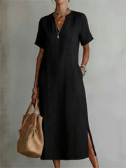 Women's Classy Side Slit Notch Neck Linen Maxi Dress