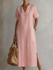 Women's Classy Side Slit Notch Neck Linen Maxi Dress