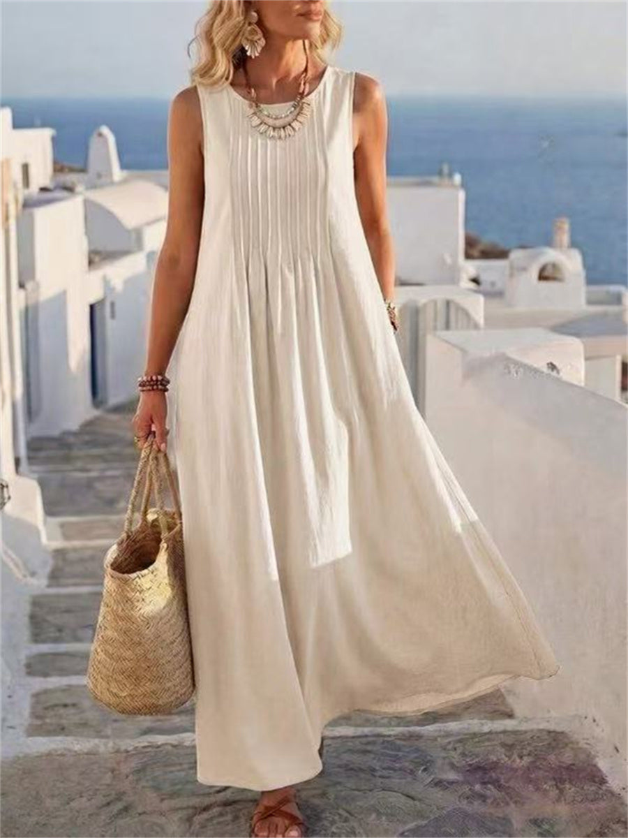 Women's Pintucked Pleated Flowy Linen Maxi Dress