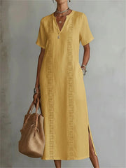 Women's Classy Side Slit Notch Neck Linen Maxi Dress