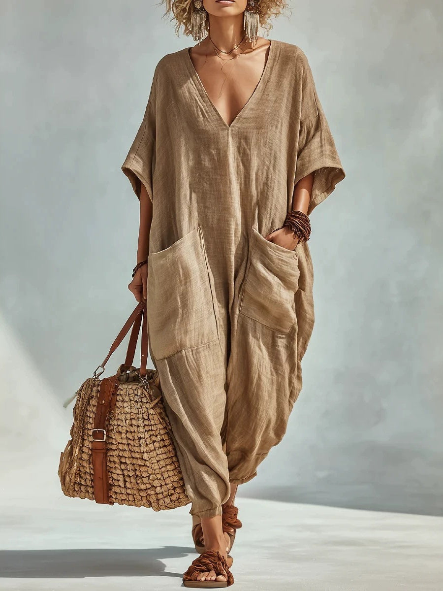 Women's Vacation Patch Pockets V Neck Casual Oversize Linen Jumpsuit