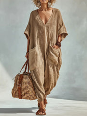 Women's Vacation Patch Pockets V Neck Casual Oversize Linen Jumpsuit