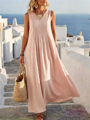 Women's Pintucked Pleated Flowy Linen Maxi Dress