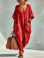 Women's Vacation Patch Pockets V Neck Casual Oversize Linen Jumpsuit
