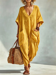 Women's Vacation Patch Pockets V Neck Casual Oversize Linen Jumpsuit