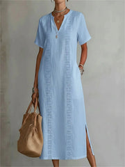 Women's Classy Side Slit Notch Neck Linen Maxi Dress
