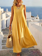 Women's Pintucked Pleated Flowy Linen Maxi Dress