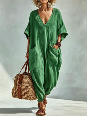Women's Vacation Patch Pockets V Neck Casual Oversize Linen Jumpsuit