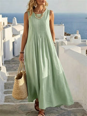 Women's Pintucked Pleated Flowy Linen Maxi Dress