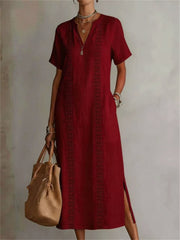 Women's Classy Side Slit Notch Neck Linen Maxi Dress