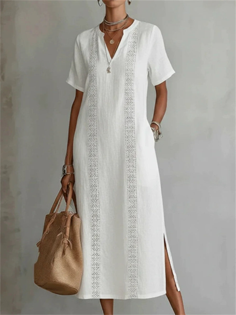 Women's Classy Side Slit Notch Neck Linen Maxi Dress