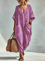 Women's Vacation Patch Pockets V Neck Casual Oversize Linen Jumpsuit