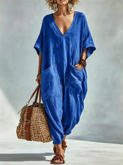 Women's Vacation Patch Pockets V Neck Casual Oversize Linen Jumpsuit