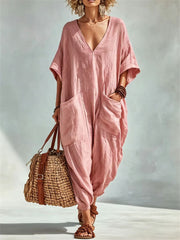 Women's Vacation Patch Pockets V Neck Casual Oversize Linen Jumpsuit