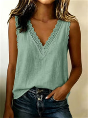 Women's Basic Lace Trim V Neck Linen Tank Top
