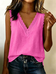 Women's Basic Lace Trim V Neck Linen Tank Top