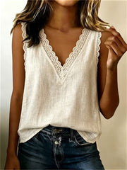 Women's Basic Lace Trim V Neck Linen Tank Top