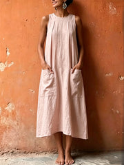 Women's Patch Pockets Pinched A Line Maxi Linen Dress