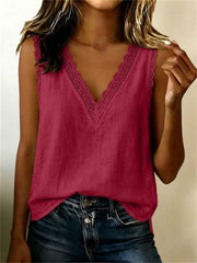 Women's Basic Lace Trim V Neck Linen Tank Top