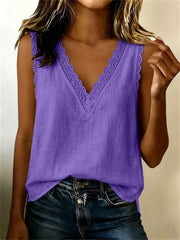Women's Basic Lace Trim V Neck Linen Tank Top