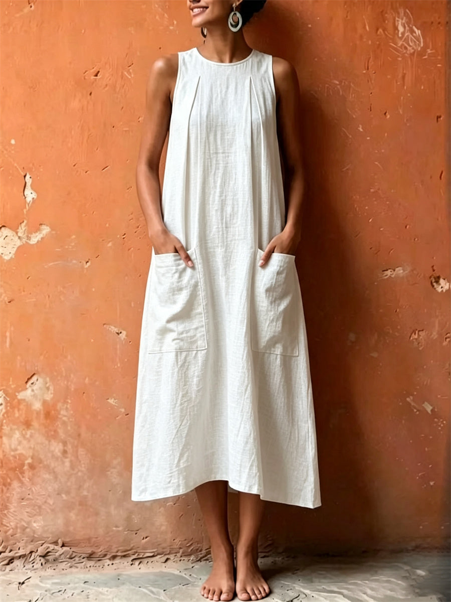 Women's Patch Pockets Pinched A Line Maxi Linen Dress