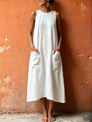 Women's Patch Pockets Pinched A Line Maxi Linen Dress