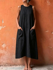 Women's Patch Pockets Pinched A Line Maxi Linen Dress
