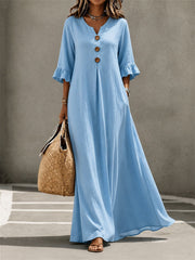 Women's Buttons Pinched Ruffle Trim Mid Sleeve Flowy Maxi Dress