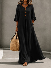 Women's Buttons Pinched Ruffle Trim Mid Sleeve Flowy Maxi Dress