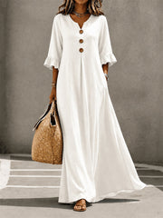 Women's Buttons Pinched Ruffle Trim Mid Sleeve Flowy Maxi Dress