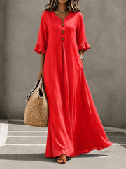 Women's Buttons Pinched Ruffle Trim Mid Sleeve Flowy Maxi Dress
