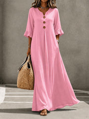 Women's Buttons Pinched Ruffle Trim Mid Sleeve Flowy Maxi Dress