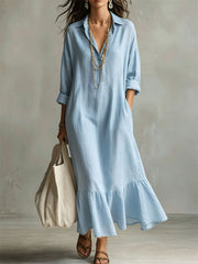 Women's Ruffle Bottom Button Up Linen Maxi Shirt Dress