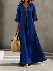 Women's Buttons Pinched Ruffle Trim Mid Sleeve Flowy Maxi Dress