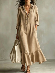 Women's Ruffle Bottom Button Up Linen Maxi Shirt Dress
