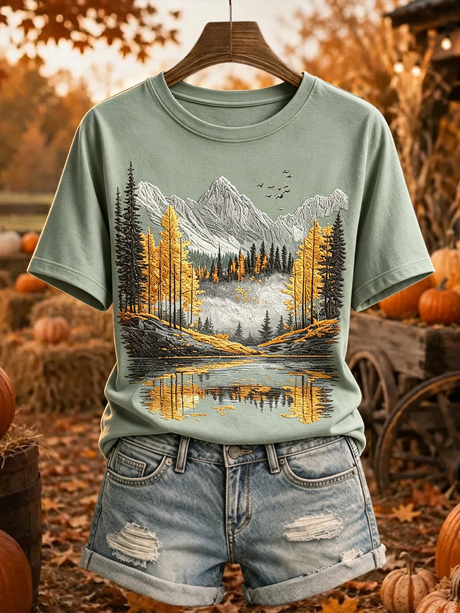 Women's Vintage Fall Tree Mountain Print Cozy Short-sleeved T-shirt
