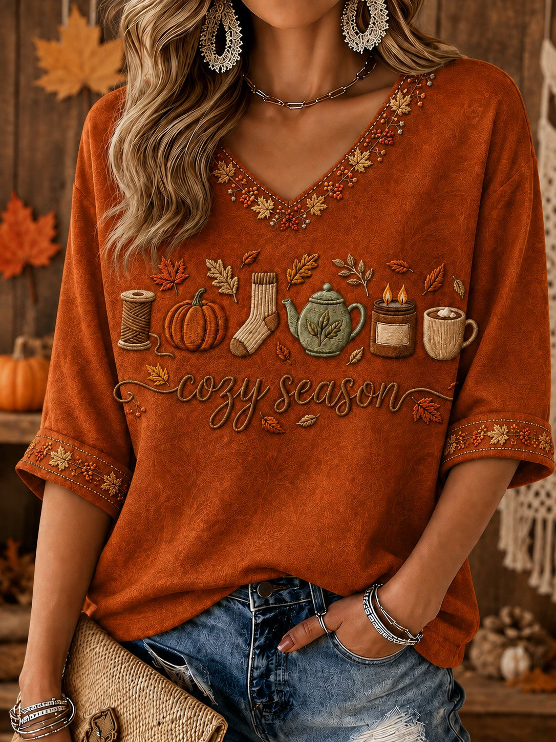 Women's Cozy Season Printed Mid-length Sleeves V-neck T-shirt