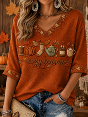 Women's Cozy Season Printed Mid-length Sleeves V-neck T-shirt