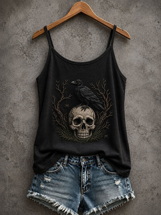 Women's Gothic Skull And Black Raven Tank Top