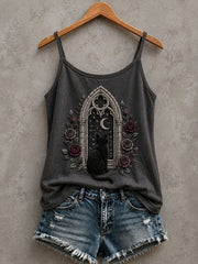 Women's Gothic Cat And Floral Print Tank Top